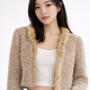 Silverdia | Cropped Open Front Fur Trim Jacket